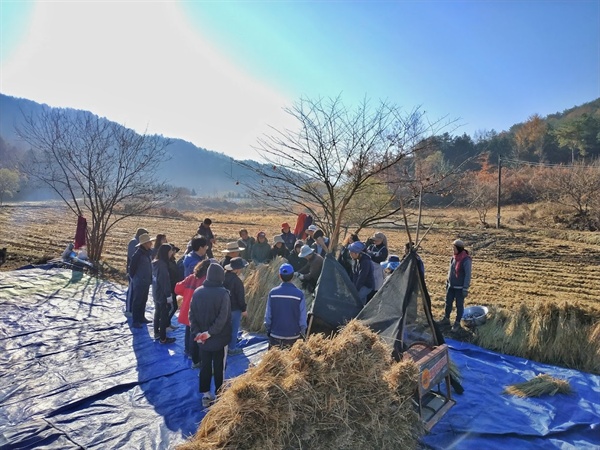 벼타작 11월 3일, 벼타작을 하기 위해 모인 모습. 오래된 발탈곡기가 보인다.