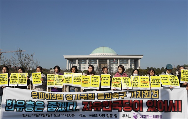  시민단체 '정치하는엄마들' 활동가들이 12일 오전 서울 여의도 국회 앞에서 기자회견을 열고 유치원 3법 국회통과를 촉구하고 있다. 