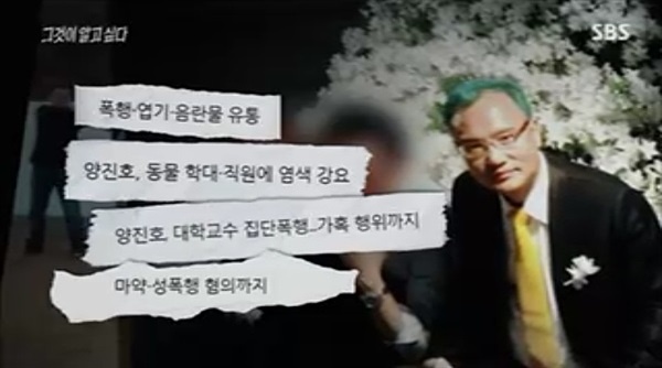  양진호 한국미래기술 회장에게 적용된 혐의들. SBS <그것이 알고 싶다> 방송 화면 캡처.