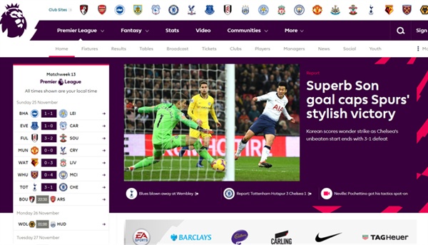 손흥민 첼시전에서 환상적인 골을 터뜨린 손흥민이 프리미어리그 공식홈페이지 메인을 장식했다.