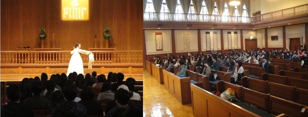           신은주 선생님의 살풀이 춤 공연에 류코쿠대학 국제학부 학생 110명이 참석했습니다.