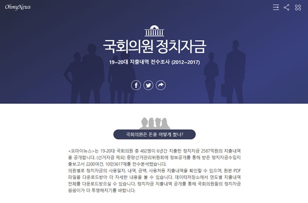 오마이뉴스 정치자금 특별취재팀은 2012년부터 2017년까지 6년동안의 국회의원 정치자금 지출내역을 전수 분석했다. 
