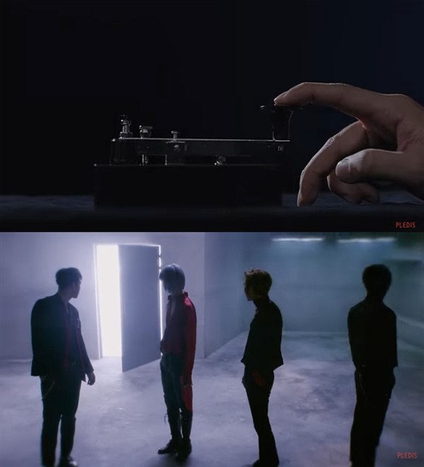  뉴이스트 W의 신곡 'Help Me' 뮤직비디오의 주요 장면.  모스 부호로 시작된 뮤직비디오는 누군가 문을 여는 장면으로 끝을 맺는다.  이는 향후 멤버 황민현의 귀환을 은유적으로 암시하고 있다.