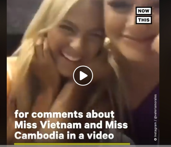 호주, 콜롬비아 대표 미녀들과 미스 캄보디아와 베트남 두 출전 여성의 영어실력을 조롱하는 동영상을 인스타그램에 올렸다가 전세계 네티즌들로부터 큰 비난에 받은 미스 USA 사라 로즈 서머스(왼쪽)/ 인스타그램 동영상 캡쳐.
