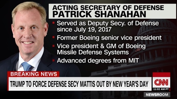 패트릭 섀너핸 미국 국방장관 대행 임명을 보도하는 CNN 뉴스 갈무리.