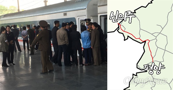 평의선(평양-신의주) 하행선 열차 탑승을 앞둔 북한 주민들. 오른쪽 사진은 개괄적인 노선도.
