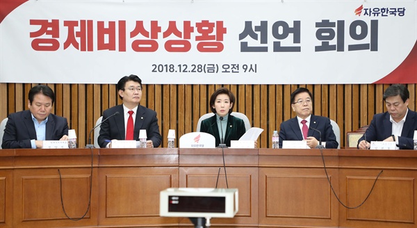 자유한국당 나경원 원내대표가 28일 오전 국회에서 열린 경제비상상황선언회의에서 발언하고 있다.