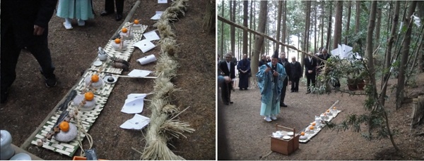           마을 사람들이 산 입구에 금줄을 처놓고 축문을 읽으면서 산신제를 지내고 있습니다.