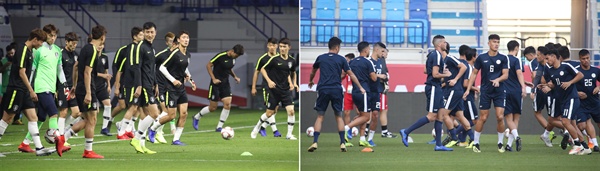 누가 승자? 한국 축구 국가대표팀과 필리핀 축구 대표팀이 2019 AFC 아시안컵 UAE 조별 라운드 C조 1차전을 하루 앞둔 6일 오후(현지시간) 아랍에미리트 두바이 알 막툼 스타디움에서 몸을 풀고 있다. 