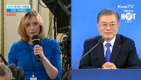 10일 대통령 신년 기자회견, 파란 옷을 입은 <BBC> 기자(왼쪽)는 여성인권 증진과 관련한 조치를 질문했다. 이에 문재인 대통령은 ‘부끄러운 현실’을 인정한 뒤 차분한 표정으로 답변을 이어갔다.