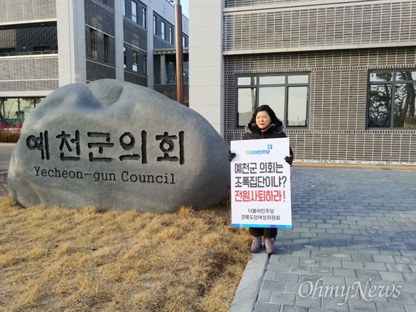 안선미 더불어민주당 경북도당 여성위원장은 9일 에천군의회에서 1인시위를 벌이고 해외연수에서 물의를 일으킨 군의원들의 전원 사퇴를 요구했다.