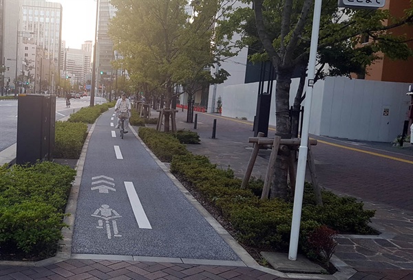 인도나 차도와 완전 분리된 도쿄 도심지의 자전거길. 물론 다 이런 건 아니다.