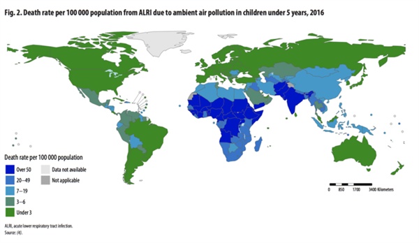 5세 미만 어린이 10만 명 당 공기오염으로 인한 사망자