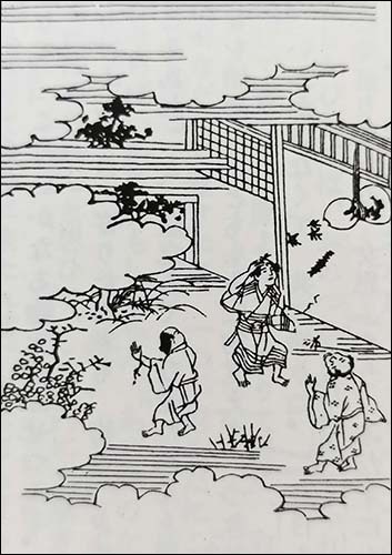 제3권 제16화 '참새가 은혜 갚은 이야기'. 이 그림은 일본고전문학전집에 수록된 그림이다.