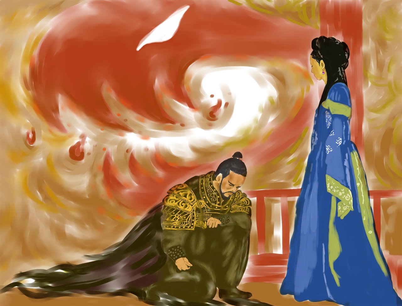 김유신을 궁궐로 불러 출정을 명령하는 진덕여왕의 모습을 작가의 상상력으로 그렸다.