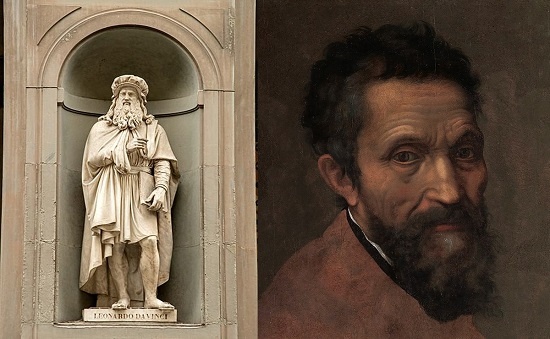 루이지 파 팜로니가 만든 레오나르드 다빈치 조각상(왼쪽)과 다니엘 다 볼테라의 미켈란젤로 초상화.