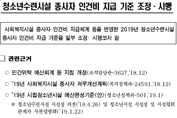 서울시가 ‘2019년 서울시 청소년수련시설 예산편성기준’을 수립하면서 시설 종사자 처우 개선을 들어  ‘사회복지시설 종사자 봉급 및 수당체계’를 적용하겠다는 방침을 수립하고 추진하고 있는데 일선 현장에서는 되려 처우가 나빠지는 등 기준이 없다며 반발하고 있다. 