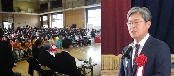           어린이 우리말 이야기 카루타 대회를 시작하면서 오사카대한민국총영사관 교육담당 양호석 영사님께서 축사를 하고 있습니다.