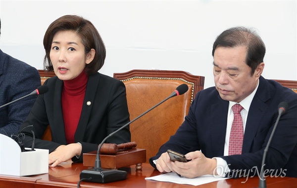 나경원 자유한국당 원내대표가 18일 오전 서울 여의도 국회에서 열린 비상대책위원회의에 참석해 모두발언을 하고 있다.