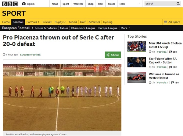  최근 이탈리아 프로축구 경기에서 청소년 선수와 감독을 내세웠다가 0-20으로 대패한 피아첸차의 징계 소식을 전하고 있는 BBC 