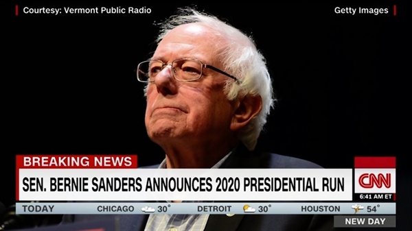 버니 샌더스 미국 상원의원의 2020년 대선 출마 선언을 보도하는 CNN 뉴스 갈무리.