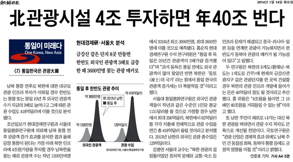 2014년 1월 14일, 조선일보 1면. 기획 '통일이 미래다' 중 한 꼭지. 