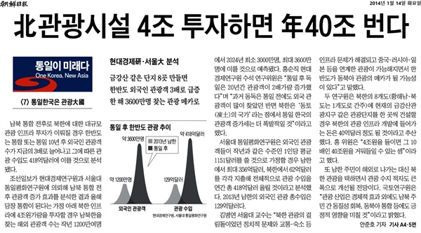  2014년 1월 14일, 조선일보 1면. 기획 '통일이 미래다' 중 한 꼭지. 