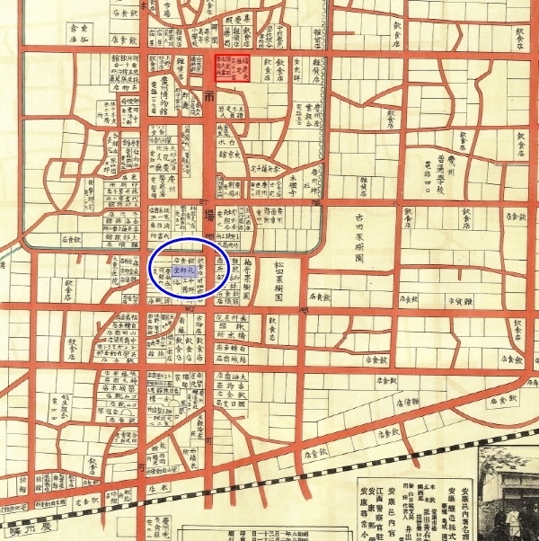 1931년 경주읍내시가약지도.둥근선으로 표시된 곳이 현재 제일교회가 있는 곳이다.
