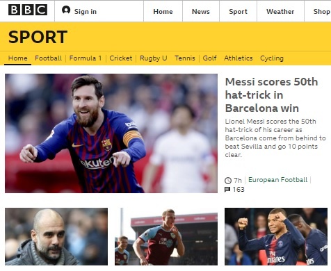  메시의 세비야전 해트트릭 소식을 톱 뉴스로 보도한 BBC