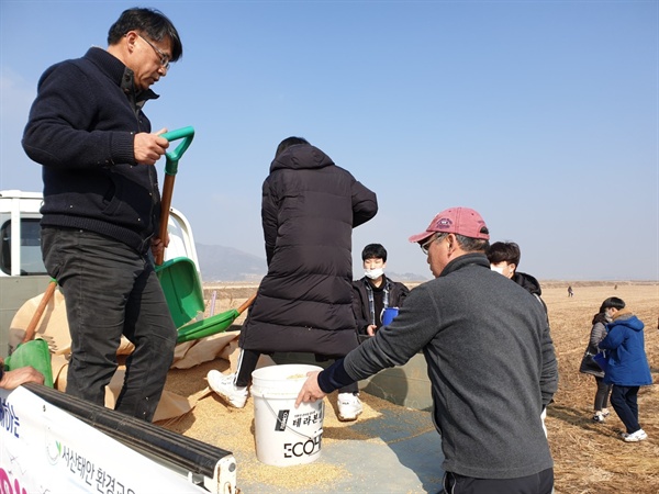 서태안환경련은 지난 21일 시민과 청소년등 45명이 천수만 A지구 1탐조대 부근 농경지에서 흑두루미와 기러기 등 철새들에게 볍씨 1000KG를 나눠줬다.