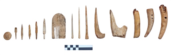 김해 유하리 유적의 패총 출토 각종 골각기류.