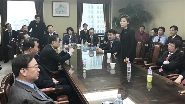 자유한국당 의원들이 26일 '환경부 블랙리스트' 의혹에 대한 수사를 촉구하기 위해 서울 서초동 대검찰청을 항의방문, 검찰총장 면담을 요구하고 있다. 