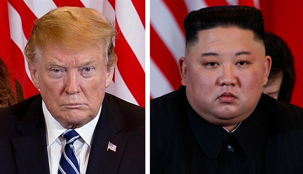 도널드 트럼프(왼쪽) 미국 대통령과 김정은(오른쪽) 북한 국무위원장. 사진은 지난 2월 28일 베트남 하노이의 소피텔 레전드 메트로폴 호텔에서 회담 도중 심각한 표정을 하고 있는 모습. 