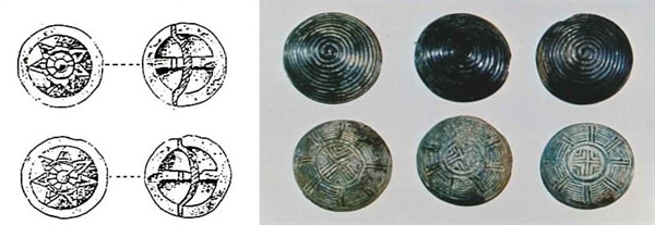 〈사진149〉 중국 은허 M202호 묘에서 나온 칠각성문 청동단추. 은허는 중국 허난성(河南省) 안양현(安陽縣) 샤오툰촌(小屯村)에 있는 고대 상(商)나라 수도다. 〈사진150〉 청동단추. 경상북도 영천 어은동유적(지금의 영천시 금호읍)에서 나왔다. 지름 2.5㎝ 안팎. 이곳 유적은 1세기 청동기·철기시대 유적으로 알려져 있다.