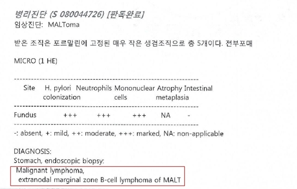 김상규씨가 2009년 서울대병원에 제출한 서울대병원 의무기록지. 위 말트 림프종이라는 진단명이 적혀있다.