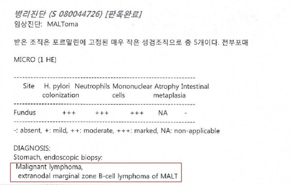  김상규씨가 2009년 서울대병원에 제출한 서울대병원 의무기록지. 위 말트 림프종이라는 진단명이 적혀있다.