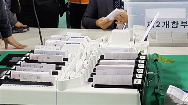 제2회 전국동시조합장선거가 치뤄진 13일, 투표가 종료되고 이날 오후 서산시민체육관에서 개표가 이뤄진 가운데, 개표 종사자들이 투표지를 분류하고 있다.  