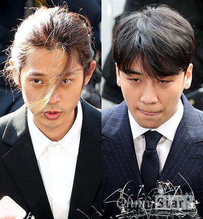 가수 정준영과 승리가 14일 오전과 오후 각각 '불법동영상 촬영 및 유포 혐의'와 '성접대 의혹'과 관련, 서울경찰청 광역수사대로 출석하고 있다.