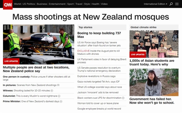 뉴질랜드 이슬람 사원에서 발생한 총기 난사 사건을 보도하는 미국 CNN 뉴스 갈무리.