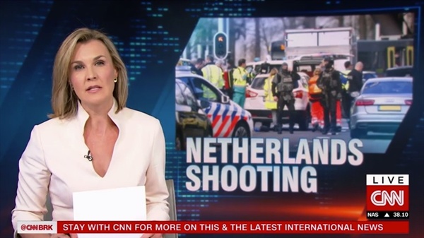 네덜란드 위트레흐트 총격 사건을 보도하는 CNN 뉴스 갈무리.