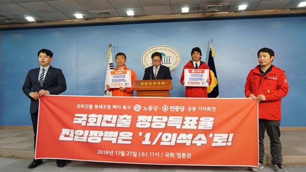 노동당과 민중당이 2018년 11월 21일에 국회 정론관에서 봉쇄조항 폐지를 요구하는 기자회견을 진행했다.