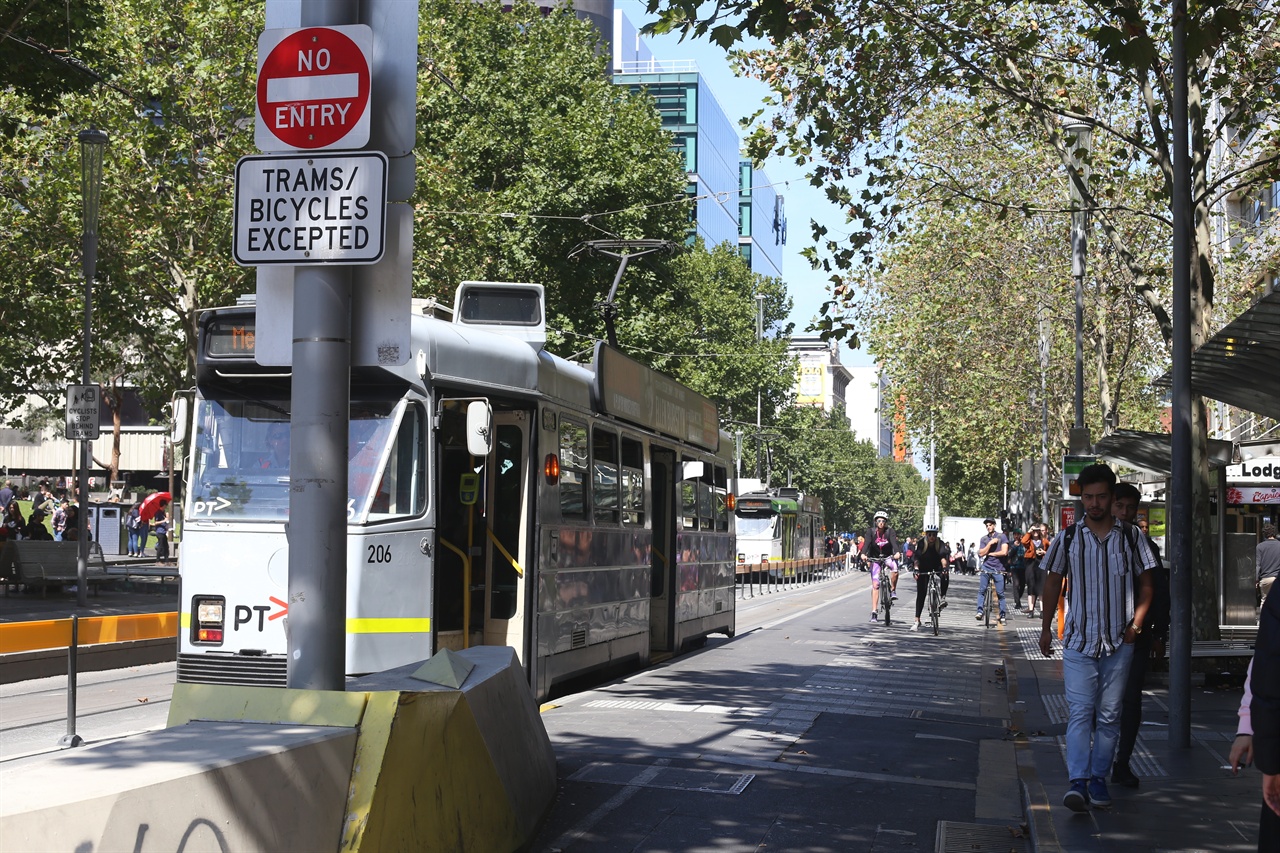 트램이 승객의 승하차로 정지시엔, 자전거와 자동차 또한 정지해야 한다. 