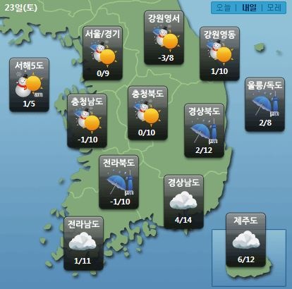 주요 지역별 토요일(23일) 날씨 전망