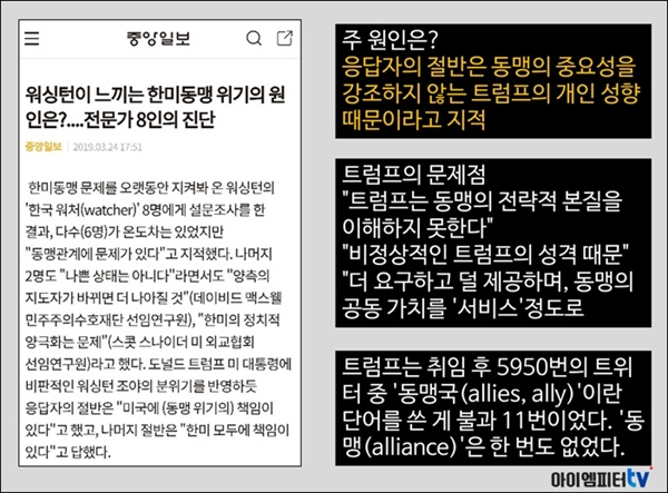 중앙일보가 전문가 8명에게 설문조사를 한 결과, 한미동맹의 문제점은 절반은 미국, 절반은 한미 양국에 있다고 답했다. 주요 원인으로는 트럼프의 개인 성향을 지적했다.