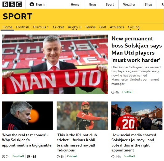  올레 군나르 솔샤르의 맨유 감독 승격 소식을 전하고 있는 BBC