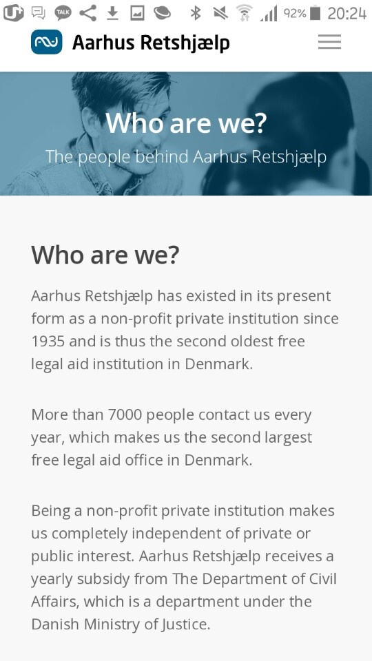 덴마크 aarhus에 있는 무료법률 상담 및 지원을 해주는 기관의 홈페이지 모습.
(출처 : http://www.aarhusretshjaelp.dk/english)