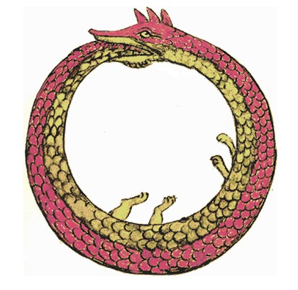 ‘꼬리를 삼키는 자’라는 뜻의 우로보로스는 커다란 뱀 또는 용이 자신의 꼬리를 물고 삼키는 형상의 원형을 이루는 모습으로 나타난다.？
