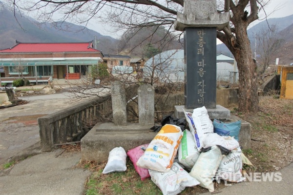  1915 충북단양군 영춘면 만종리에 세워진 기념림비(왼쪽). 이 마을 구장기념비(가운데)와 마을자랑비(오른쪽)과 나란히 서있다.