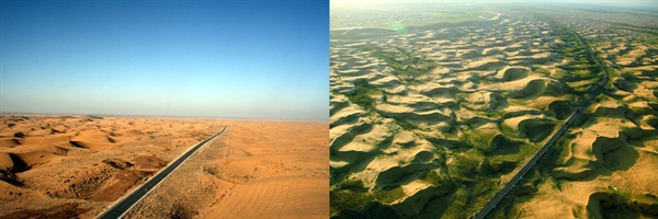 ‘녹색장성’ 프로젝트로 녹화(綠化)된 쿠부치 사막의 항공사진이다. 사진 왼쪽은 2006년 프로젝트 시작 전, 오른쪽은 2009년에 찍었다.