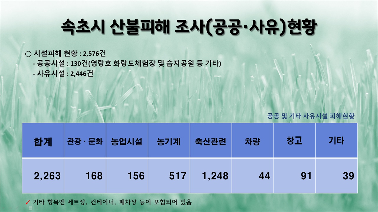 공공 및 사유시설 피해현황 속초시의 공공시설물과 세트장이나 폐차장(중고자동차매매사업장으로 잘못 보도되었음), 주류유통회사와 같은 사유시설물 등 다양한 물적 피해부분이다.